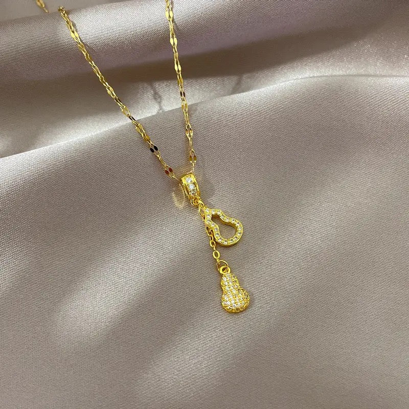 Stainless Steel Gold Plated Shiny Zircon Gourd Tassel Pendant Necklace