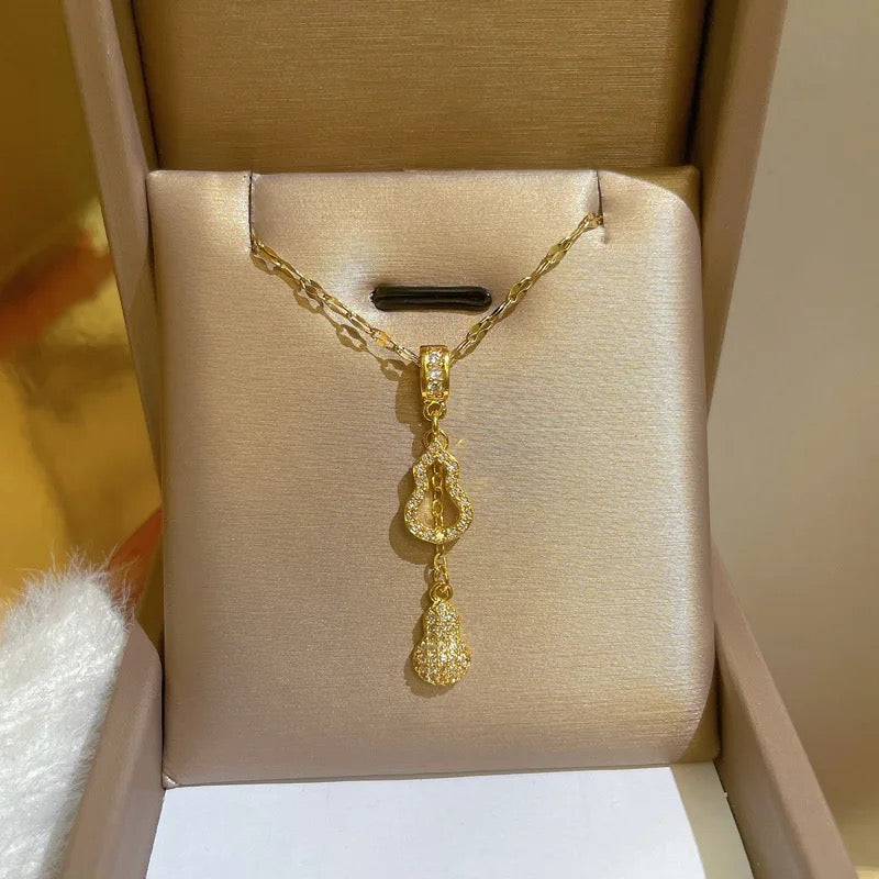 Stainless Steel Gold Plated Shiny Zircon Gourd Tassel Pendant Necklace