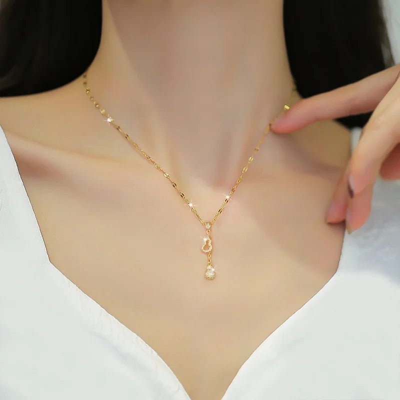 Stainless Steel Gold Plated Shiny Zircon Gourd Tassel Pendant Necklace