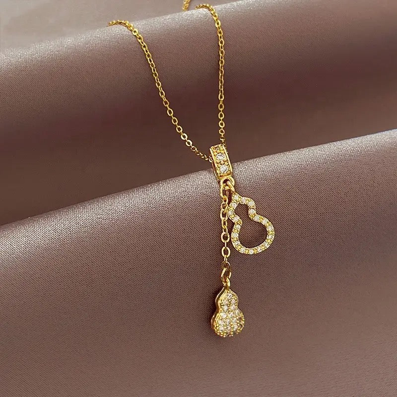 Stainless Steel Gold Plated Shiny Zircon Gourd Tassel Pendant Necklace