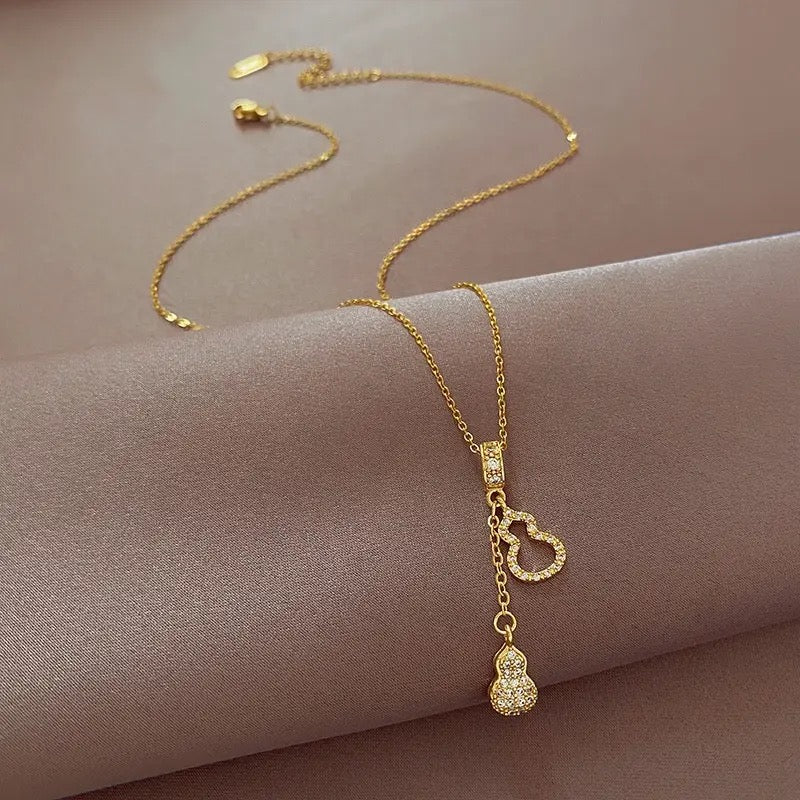 Stainless Steel Gold Plated Shiny Zircon Gourd Tassel Pendant Necklace