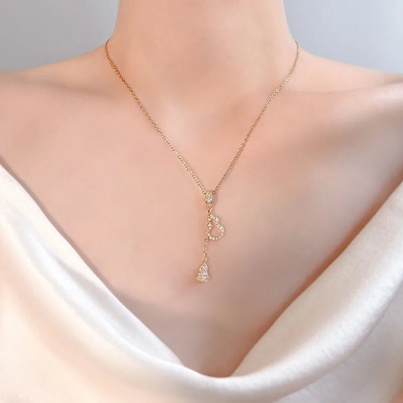 Stainless Steel Gold Plated Shiny Zircon Gourd Tassel Pendant Necklace