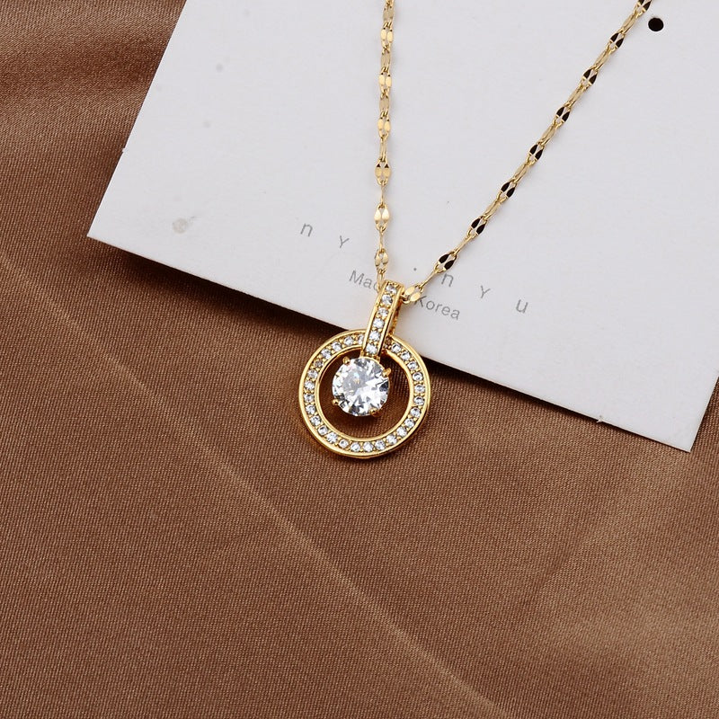 New personality titanium steel coffee bean chain circle zircon pendant